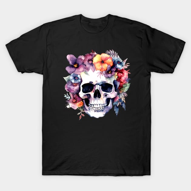 Watercolor Day of the Dead Skull Flowers T-Shirt by Pixelchicken
